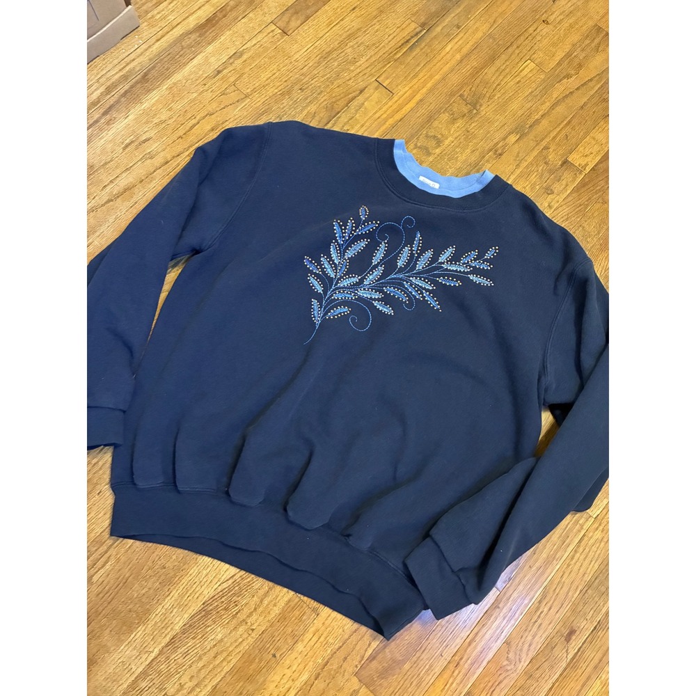 Vintage Top Stitch Morning Sun Navy Blue Embroidered Floral Sweatshirt XL
